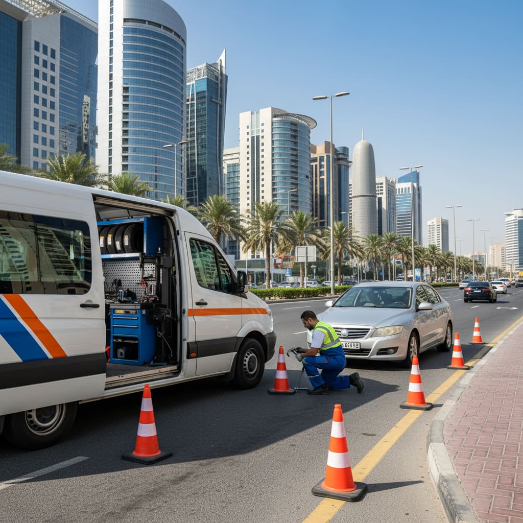 Mobile tyre repair van assisting a car in Doha