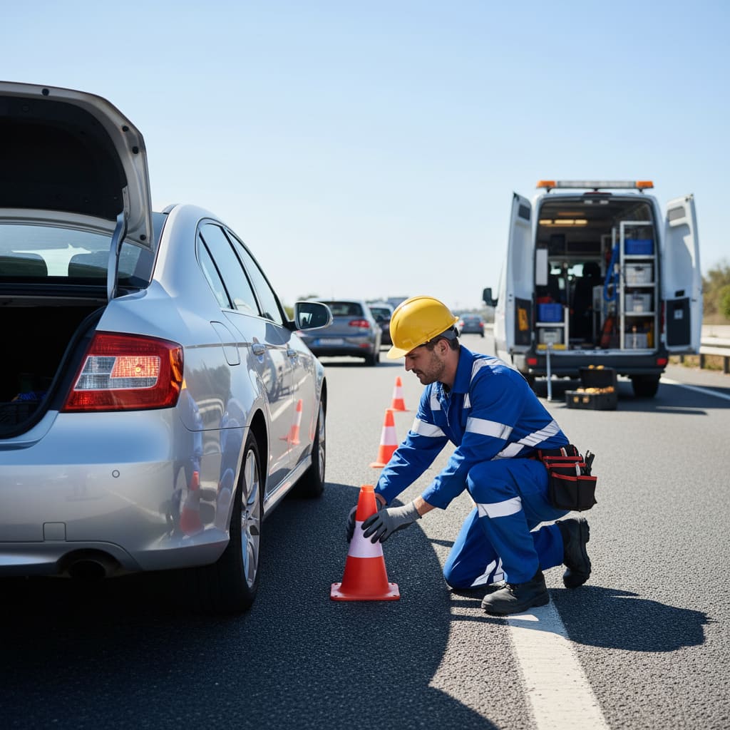 Tyre technician placing safety cones before starting roadside service