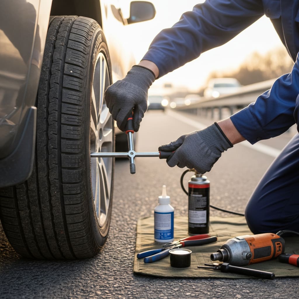 Technician repairing a punctured tyre at the roadside