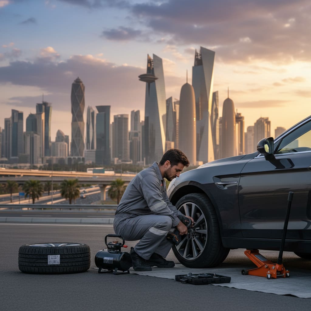 Technician replacing a car tyre with portable equipment