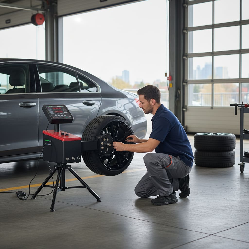 Portable wheel balancer used next to a vehicle